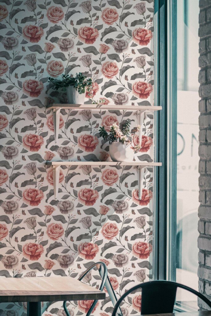 Industrial style cafe decorated with Pink and gray rose peel and stick wallpaper