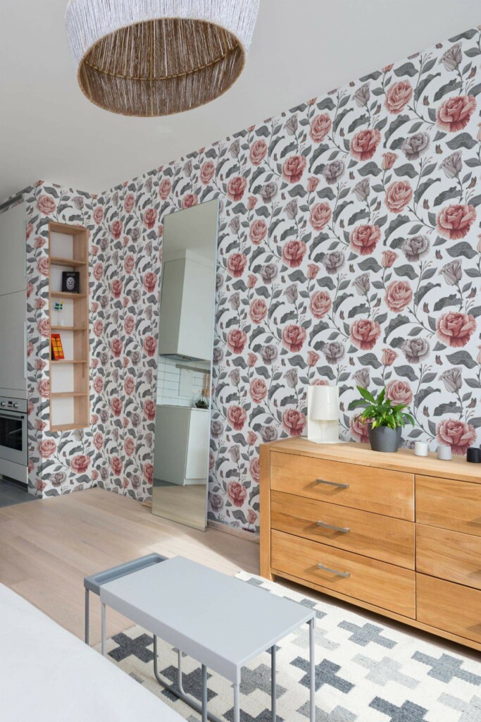 Scandinavian style small apartment decorated with Pink and gray rose peel and stick wallpaper