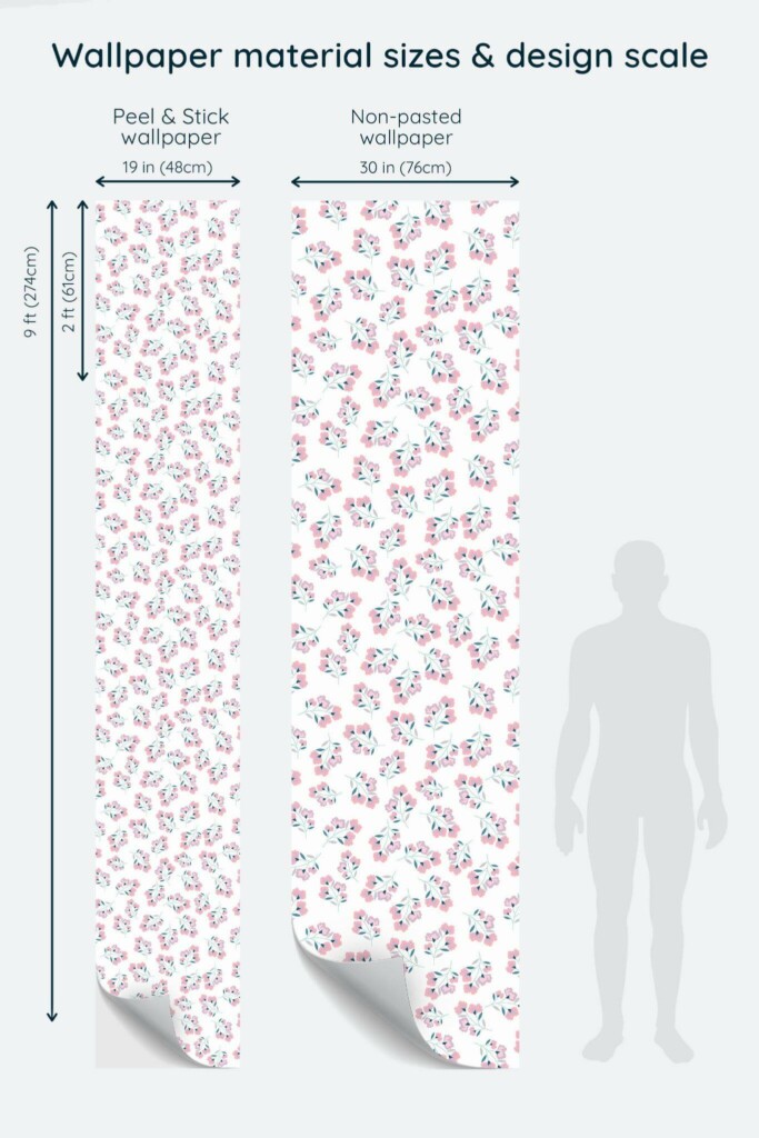 Size comparison of Pink and green floral Peel & Stick and Non-pasted wallpapers with design scale relative to human figure