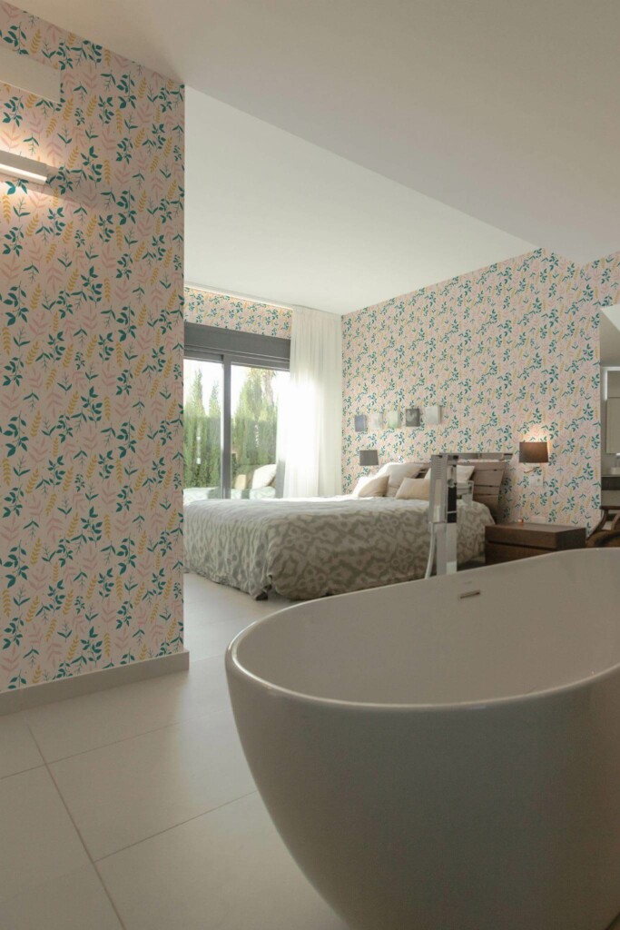 Modern style bedroom with open bathroom decorated with Pink and green leaf pattern peel and stick wallpaper