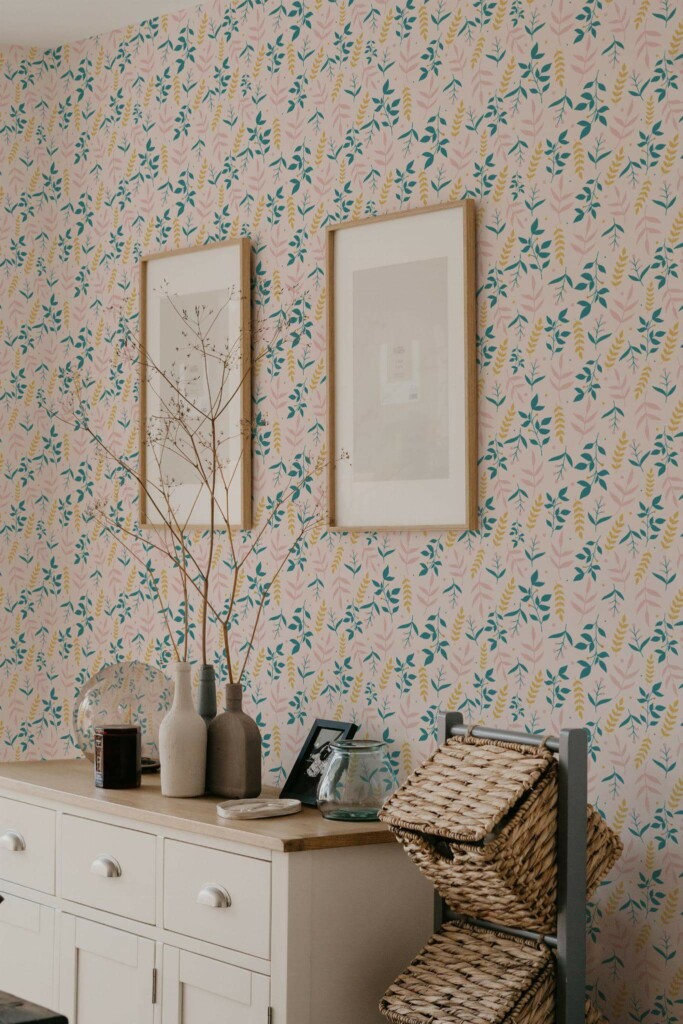 Scandinavian style bedroom decorated with Pink and green leaf pattern peel and stick wallpaper