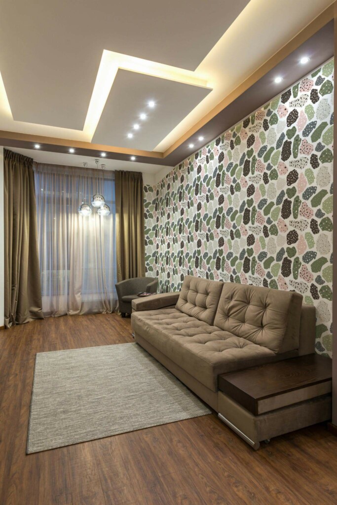 Modern Eastern European style living room decorated with Pink and green terrazzo peel and stick wallpaper
