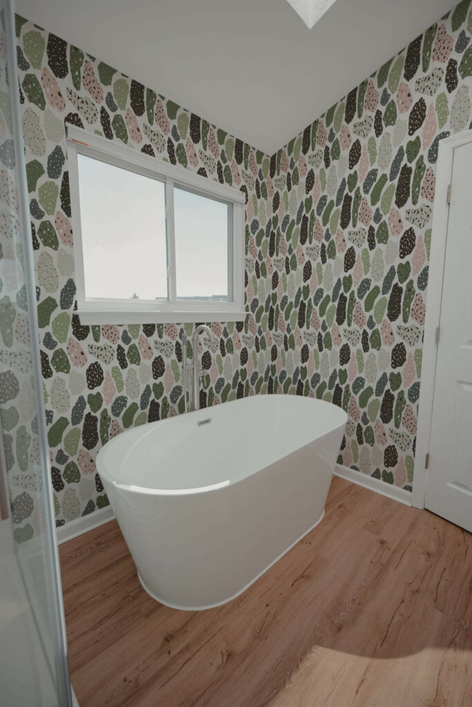 Modern style bathroom decorated with Pink and green terrazzo peel and stick wallpaper