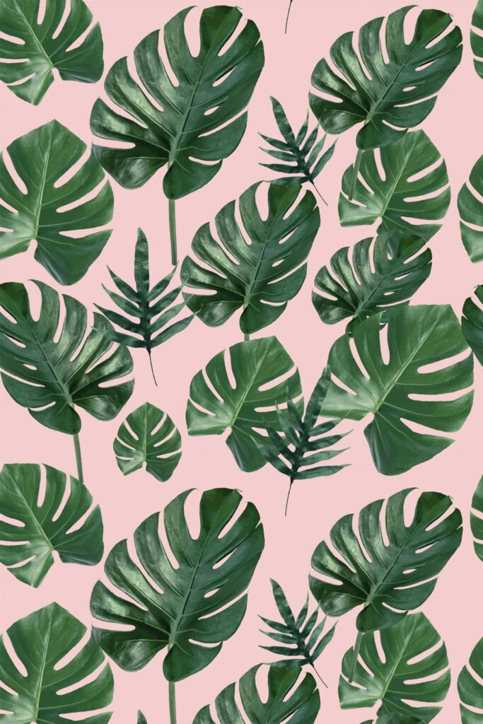 Pattern repeat of Pink and green tropical leaf removable wallpaper design