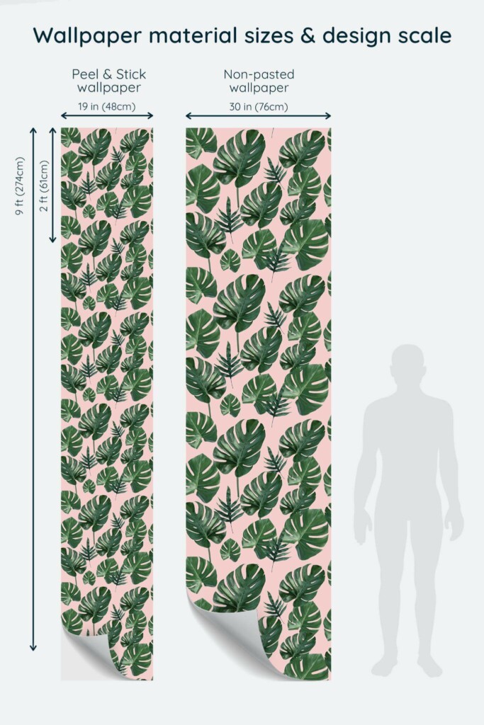 Size comparison of Pink and green tropical leaf Peel & Stick and Non-pasted wallpapers with design scale relative to human figure