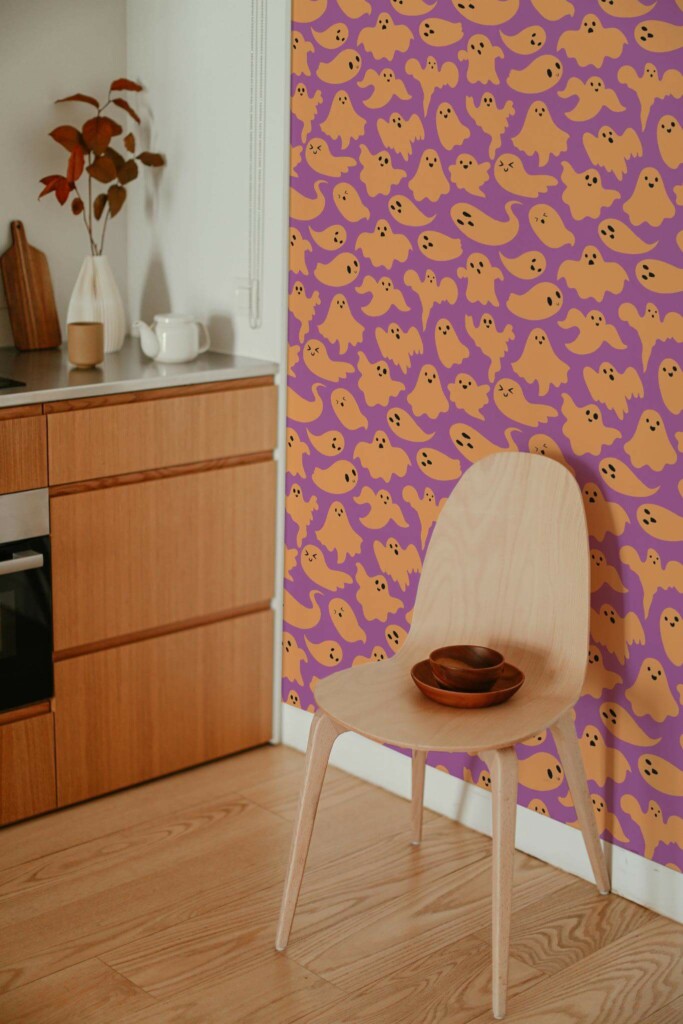 Boho style kitchen decorated with Pink and orange ghost peel and stick wallpaper