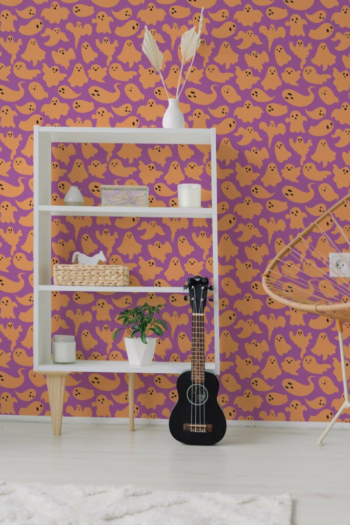 Minimal boho style living room decorated with Pink and orange ghost peel and stick wallpaper