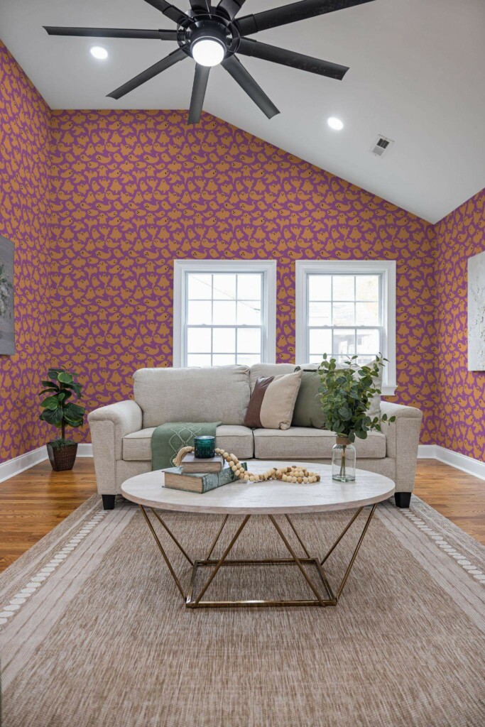 Scandinavian style living room decorated with Pink and orange ghost peel and stick wallpaper