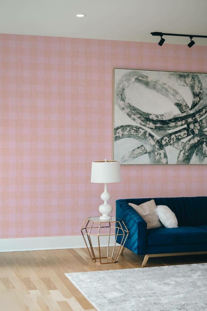 Modern style living room decorated with Pink and orange plaid peel and stick wallpaper
