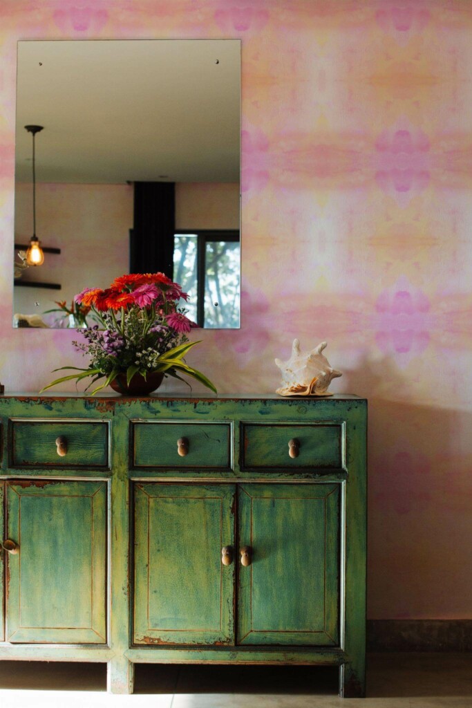 Industrial style living room decorated with Pink and orange tie dye peel and stick wallpaper