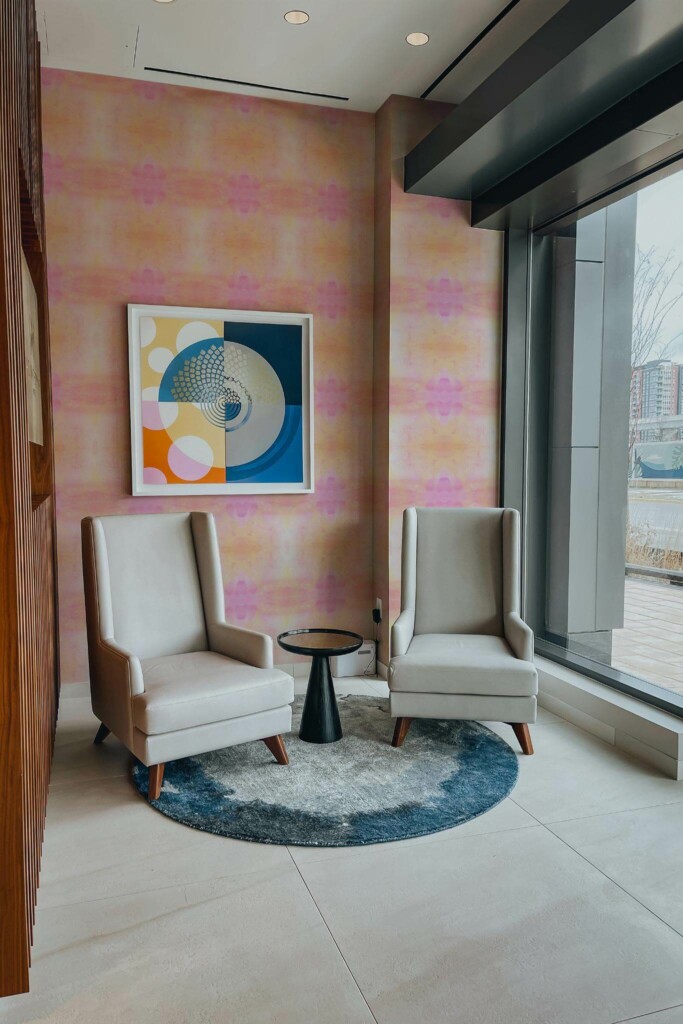 Mid-century-modern style living room decorated with Pink and orange tie dye peel and stick wallpaper