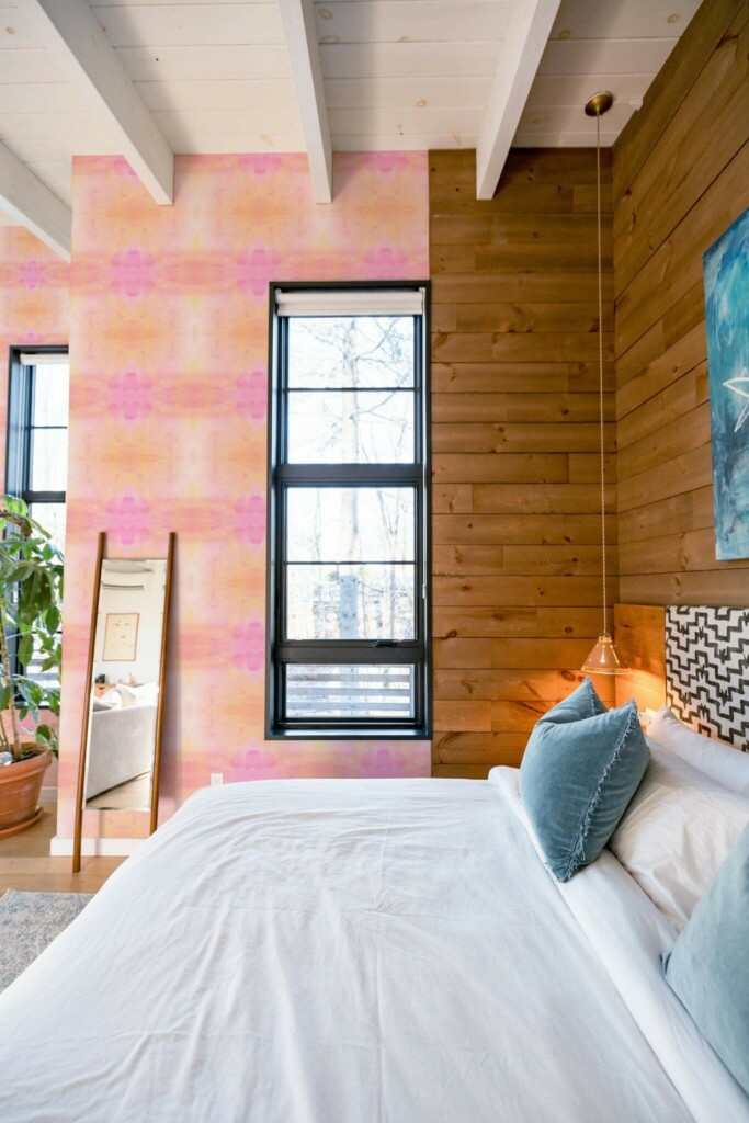 MId-century style bedroom decorated with Pink and orange tie dye peel and stick wallpaper