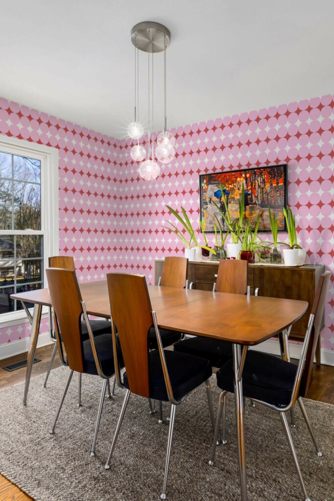 MId-century modern style dining room decorated with Pink and red circle peel and stick wallpaper