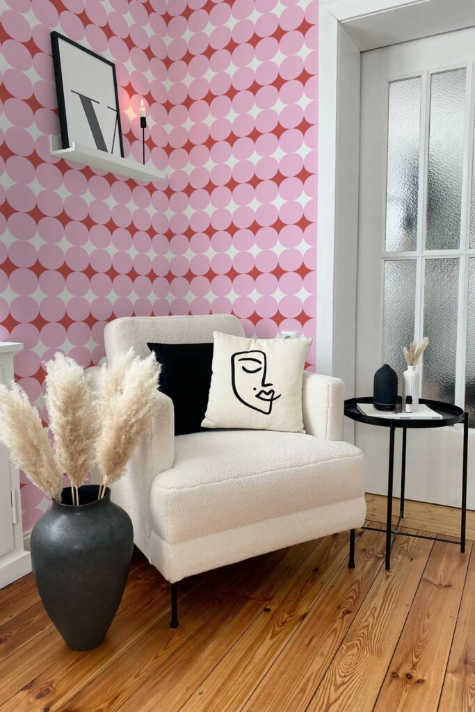 Modern boho style living room decorated with Pink and red circle peel and stick wallpaper
