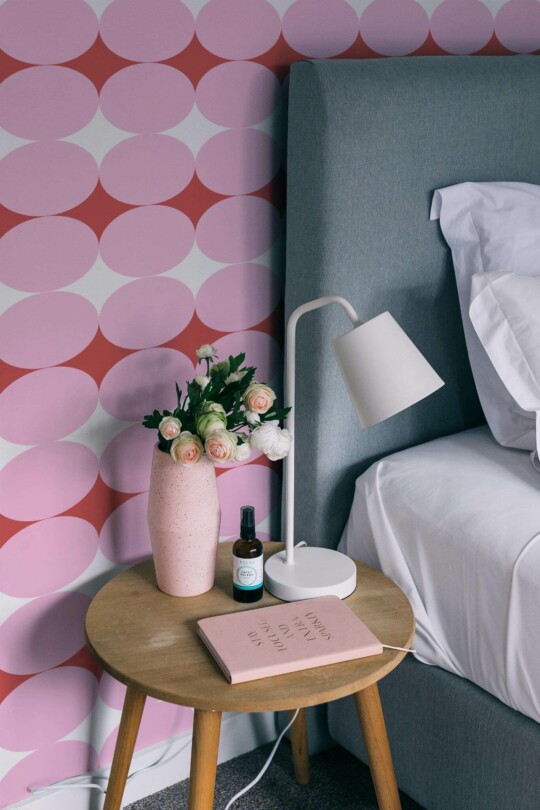 Rustic style bedroom decorated with Pink and red circle peel and stick wallpaper