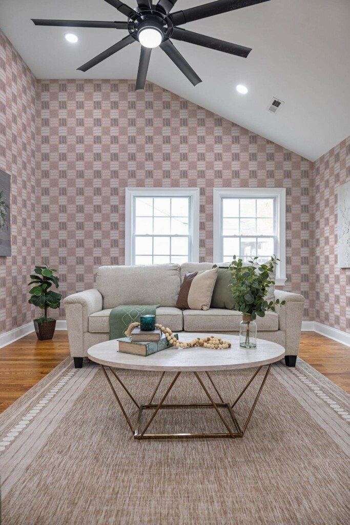 Scandinavian style living room decorated with Pink and white lines peel and stick wallpaper