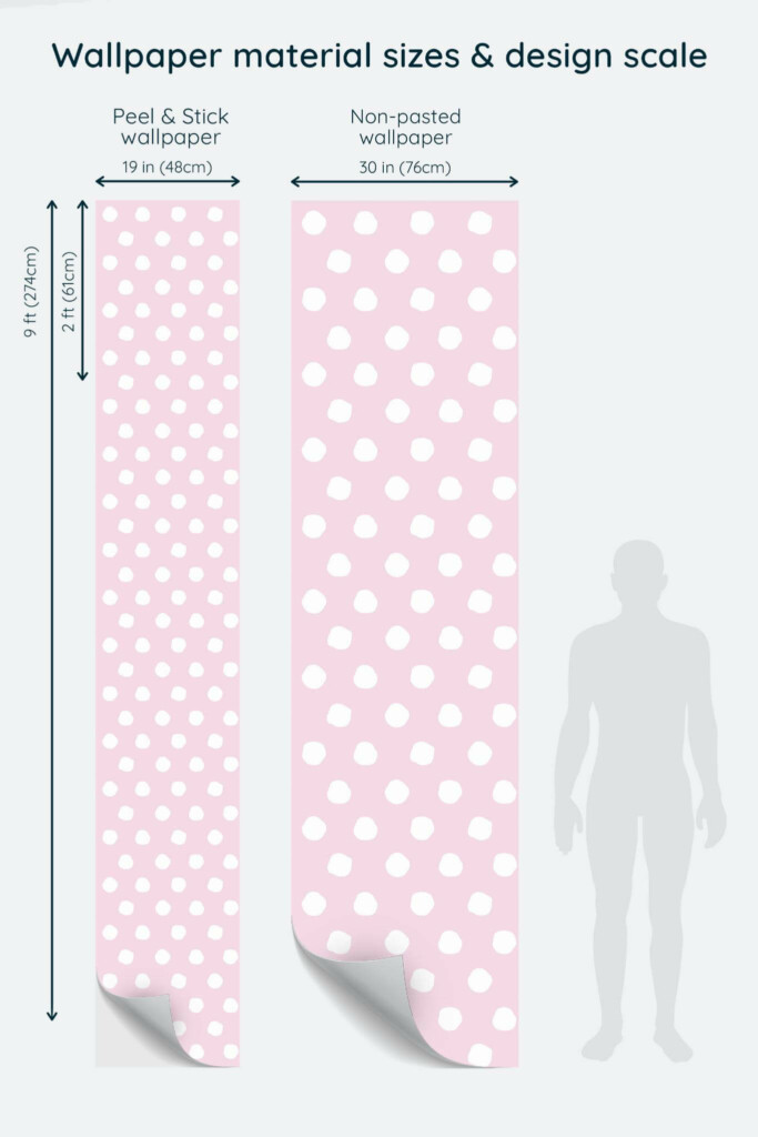 Size comparison of Pink and white polka dot Peel & Stick and Non-pasted wallpapers with design scale relative to human figure
