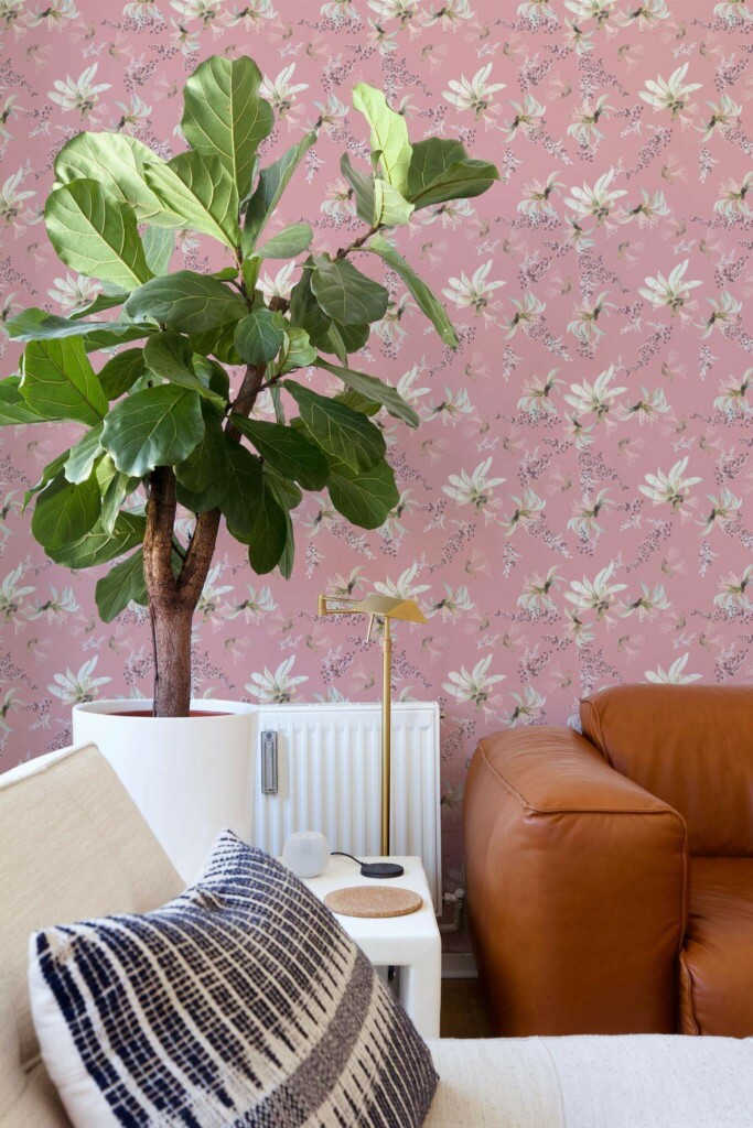 Mid-century style living room decorated with Pink and white tropical floral peel and stick wallpaper