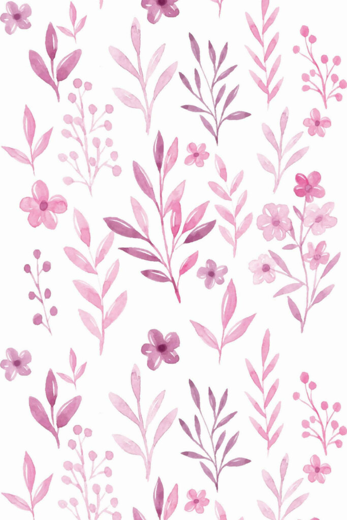 Pattern repeat of Pink and white watercolor floral removable wallpaper design