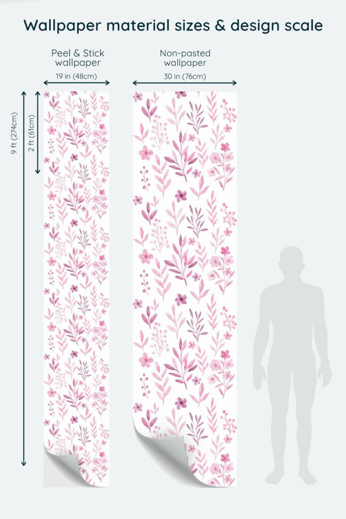 Size comparison of Pink and white watercolor floral Peel & Stick and Non-pasted wallpapers with design scale relative to human figure
