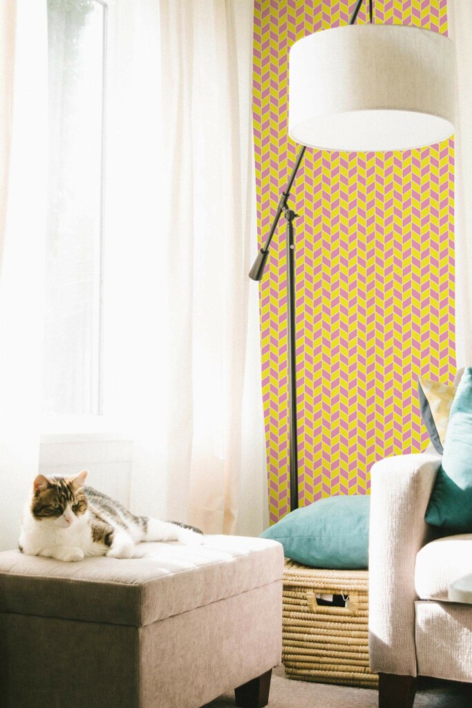 Coastal style living room decorated with Pink and yellow chevron peel and stick wallpaper