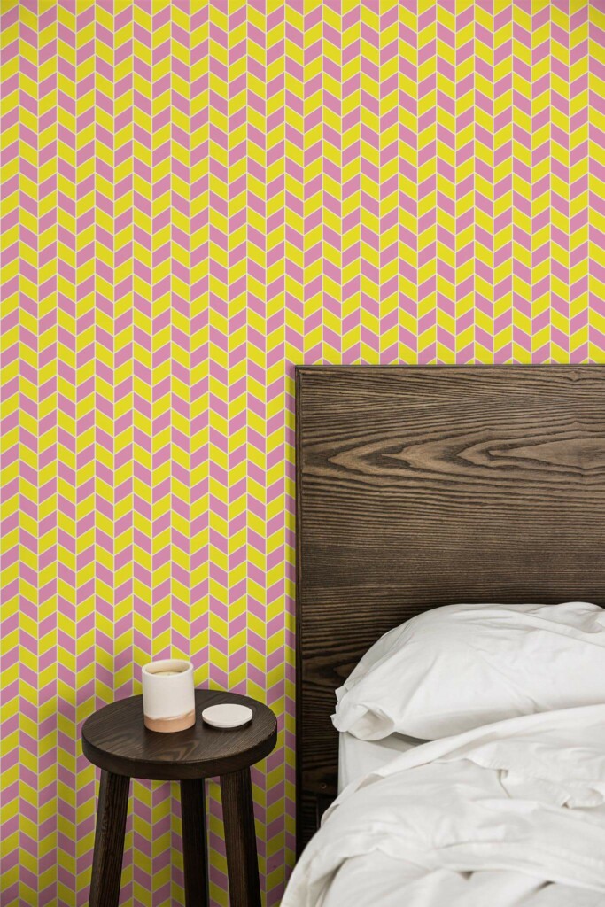 Farmhouse style bedroom decorated with Pink and yellow chevron peel and stick wallpaper