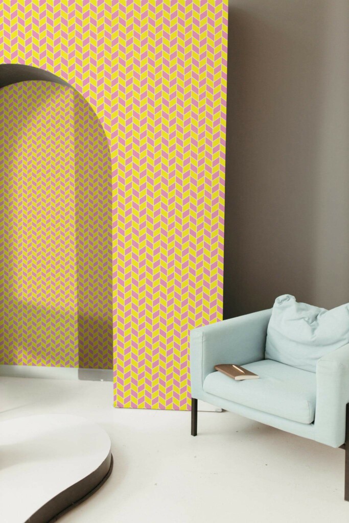 Mondern boho style living room decorated with Pink and yellow chevron peel and stick wallpaper