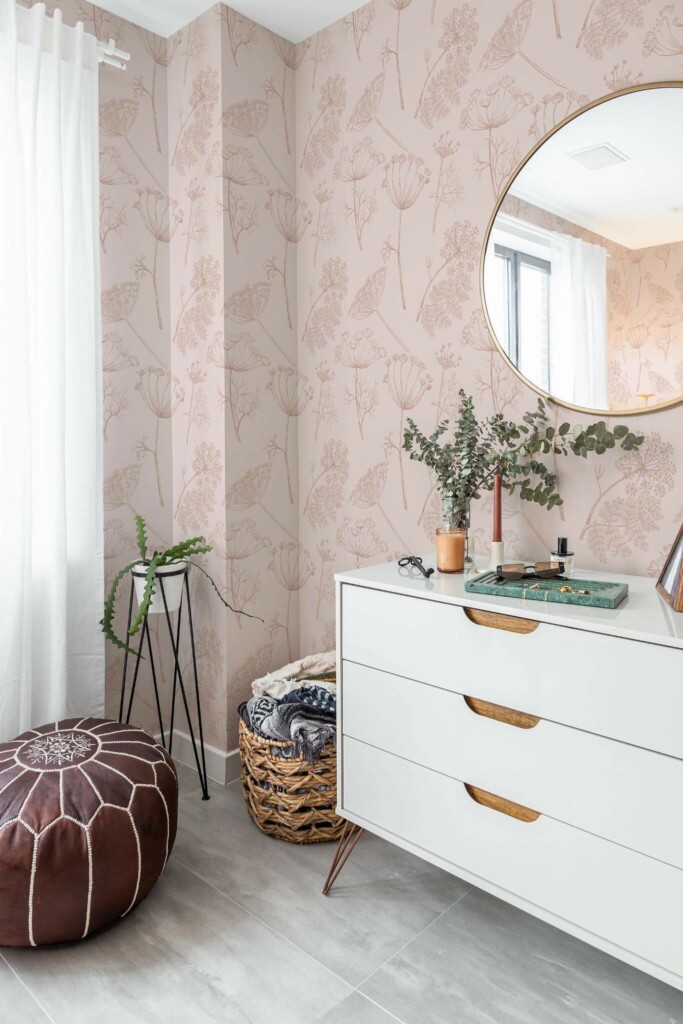 Minimal Mediterranean style powder room decorated with Pink anthriscus peel and stick wallpaper