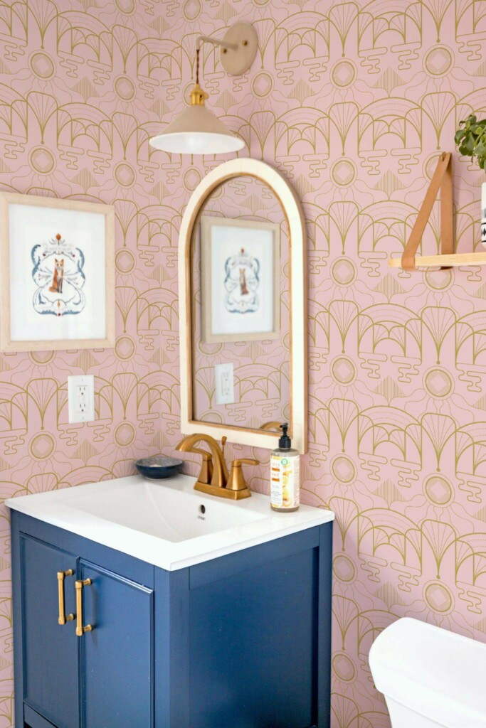 Coastal eclectic style powder room decorated with Pink Art deco peel and stick wallpaper