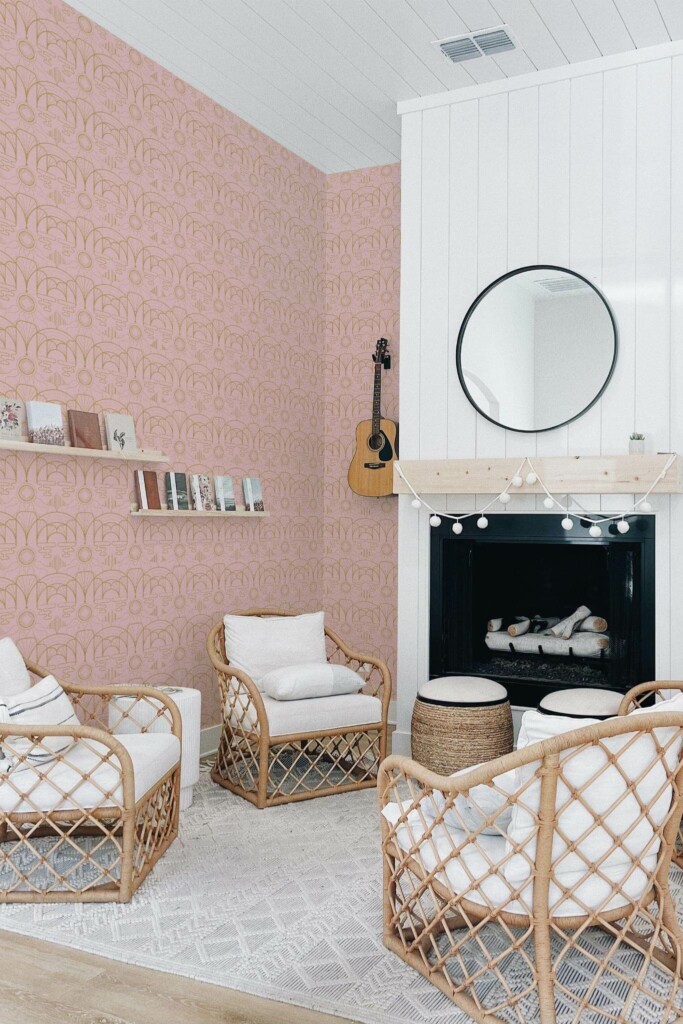 Minimal bohemian style living room decorated with Pink Art deco peel and stick wallpaper