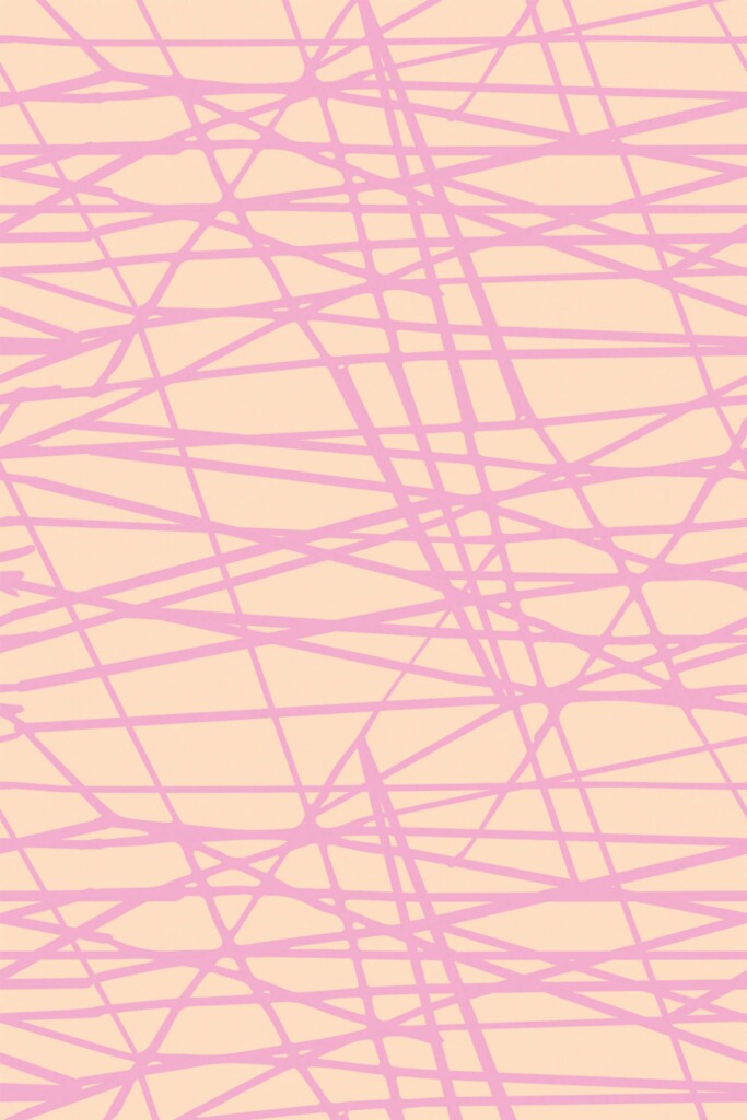 A close-up of Pink Bakery Linear Vibes wallpaper from Fancy Walls peel and stick or non-pasted wallpaper, showing crisscrossed pink lines over a peach background. This line art design fits perfectly in eclectic and modern bakery-inspired spaces.