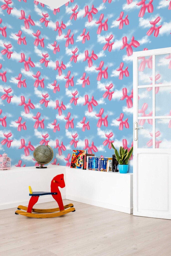 Peel and stick wallpaper with pink balloon dog by Fancy Walls