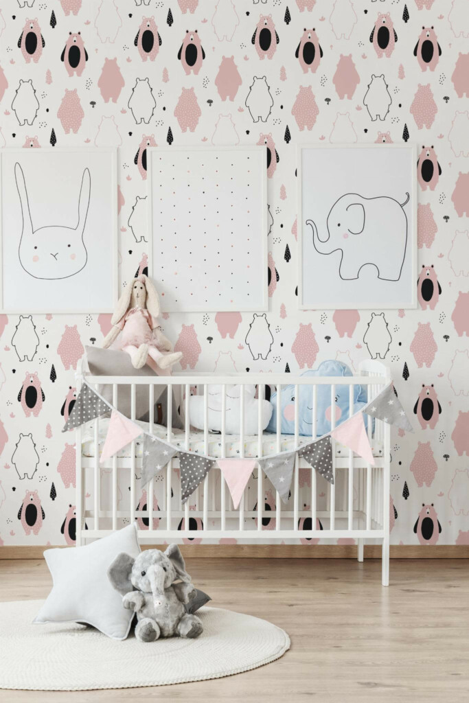 Minimal style nursery decorated with Pink bear peel and stick wallpaper