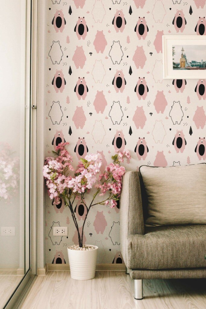 Modern farmhouse style living room decorated with Pink bear peel and stick wallpaper