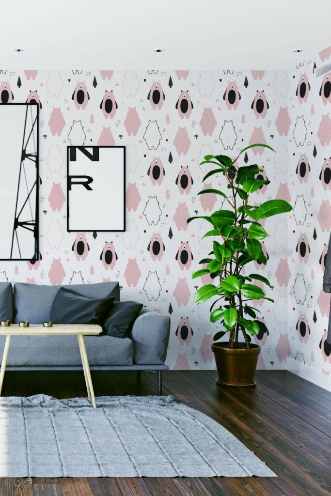 Modern scandinavian style living room decorated with Pink bear peel and stick wallpaper