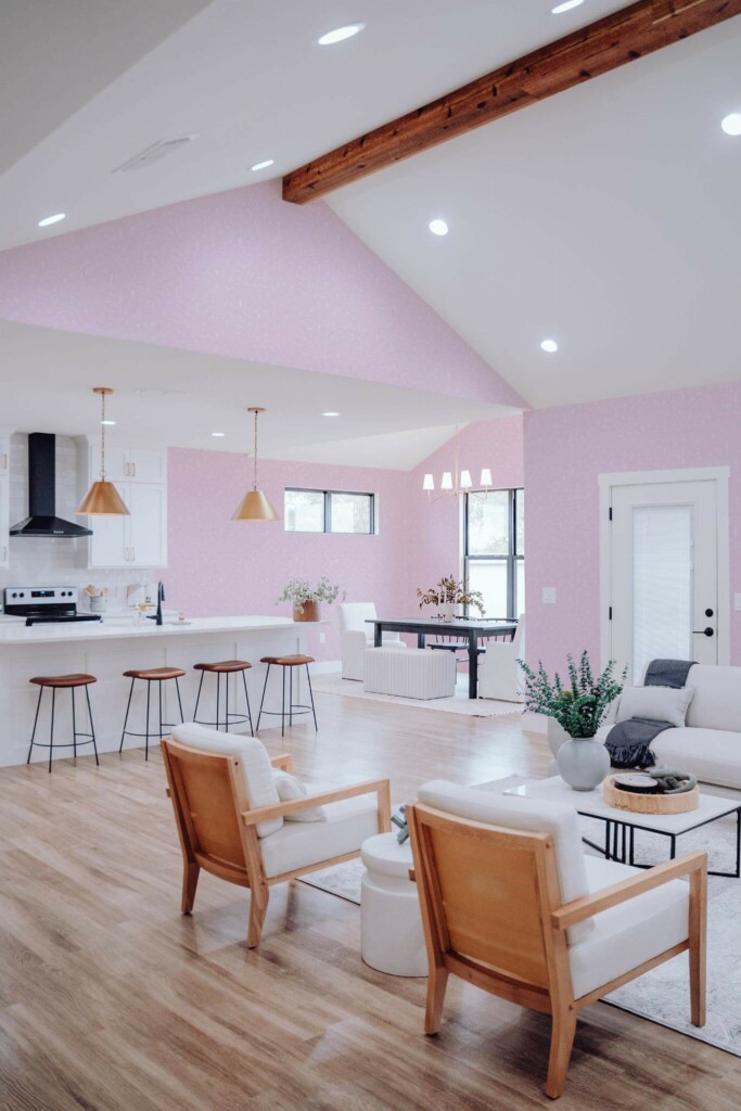 Contemporary style living room and kitchendecorated with Pink beauty salon peel and stick wallpaper