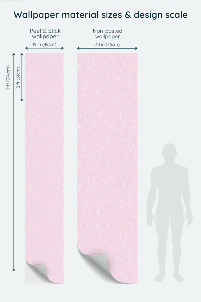 Size comparison of Pink beauty salon Peel & Stick and Non-pasted wallpapers with design scale relative to human figure