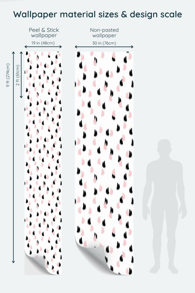 Size comparison of Pink, black and white brush stroke Peel & Stick and Non-pasted wallpapers with design scale relative to human figure