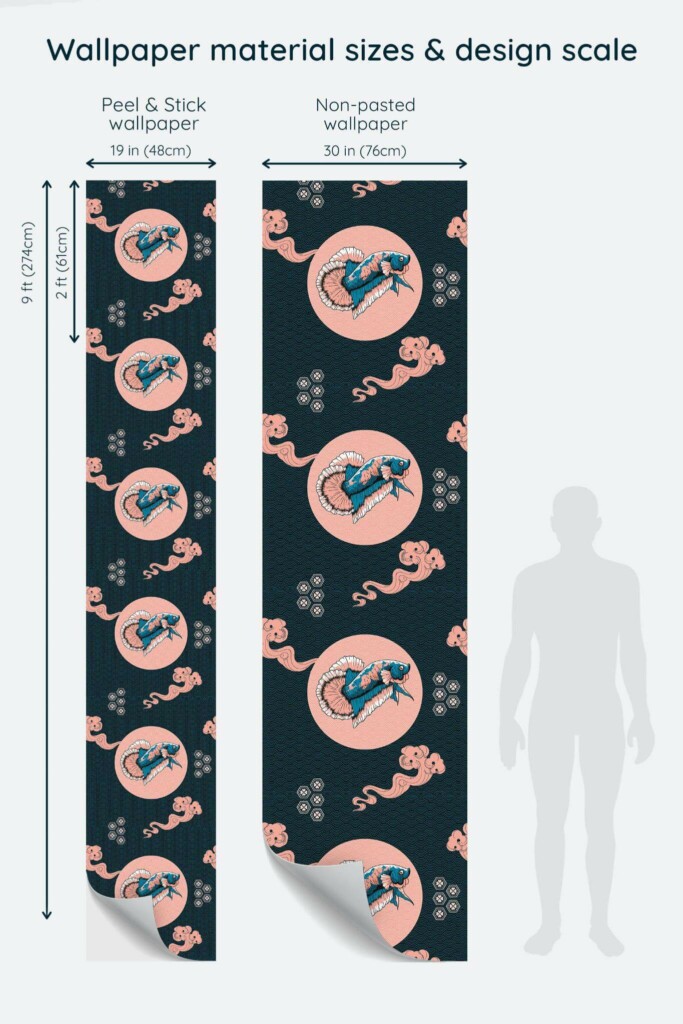 Size comparison of Pink black and white fish abstract Peel & Stick and Non-pasted wallpapers with design scale relative to human figure