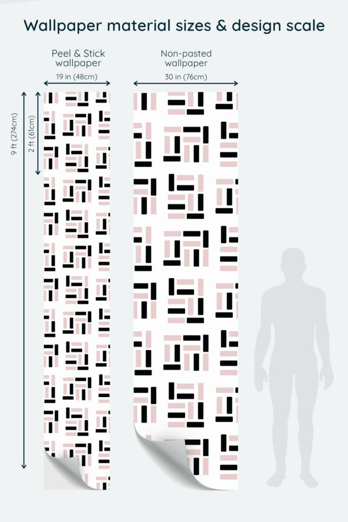 Size comparison of Pink, black and white geometric Peel & Stick and Non-pasted wallpapers with design scale relative to human figure