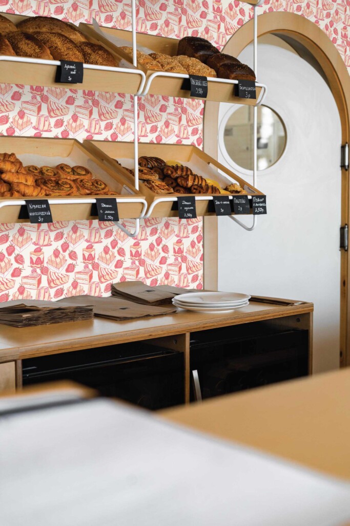 Fancy Walls peel and stick wallpaper with pink bakery design