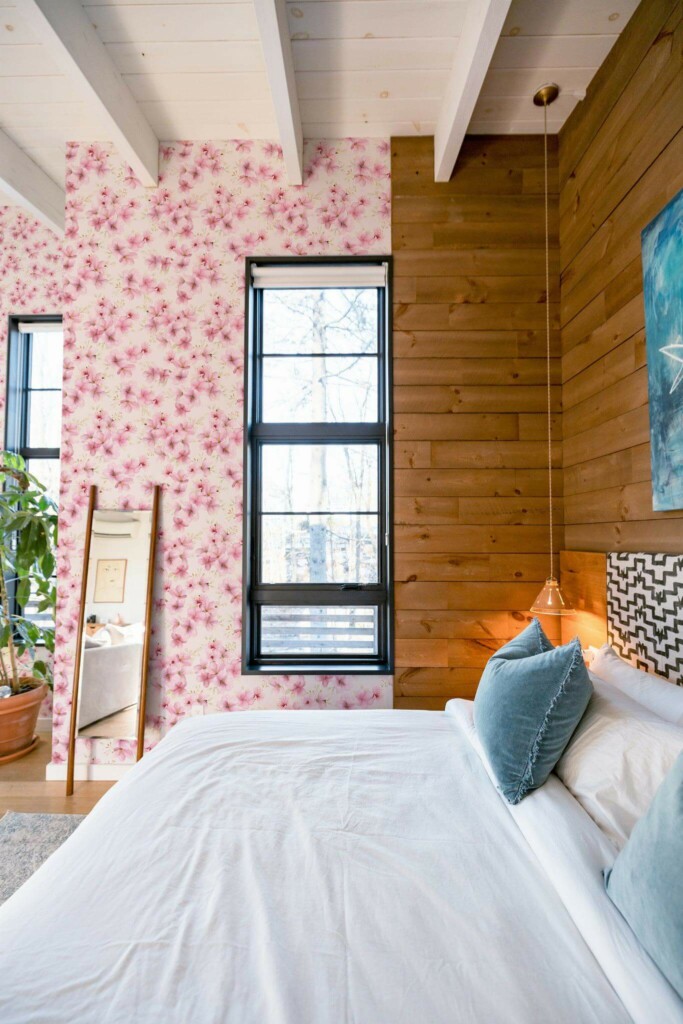 MId-century style bedroom decorated with Pink blossom floral peel and stick wallpaper