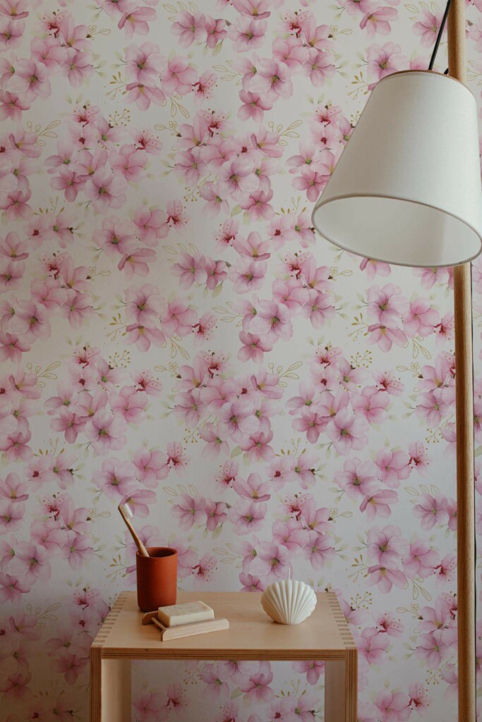 Minimal style bathroom decorated with Pink blossom floral peel and stick wallpaper
