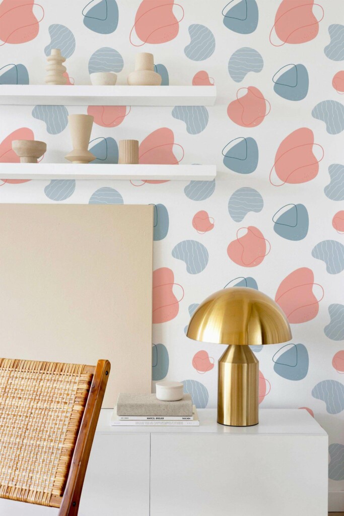 Modern style dining room decorated with Pink blue shapes peel and stick wallpaper