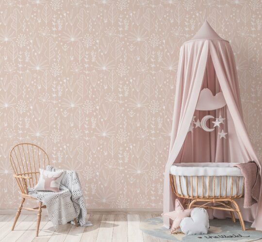 Pink boho nursery design wallpaper in girly children room