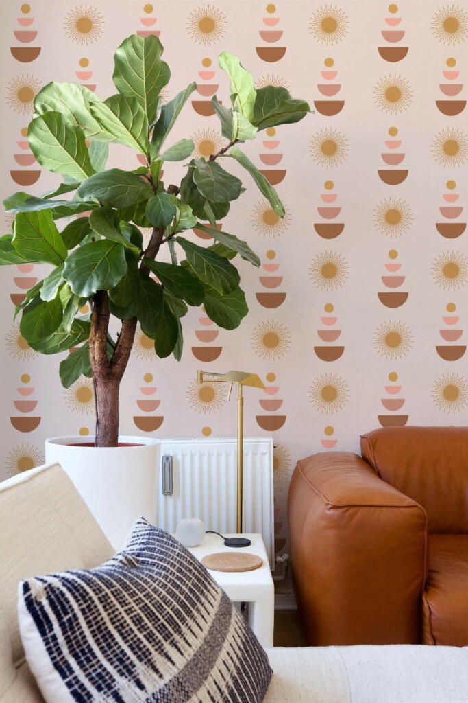 Mid-century style living room decorated with Pink boho peel and stick wallpaper