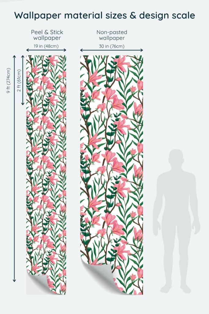 Size comparison of Pink bold magnolia Peel & Stick and Non-pasted wallpapers with design scale relative to human figure