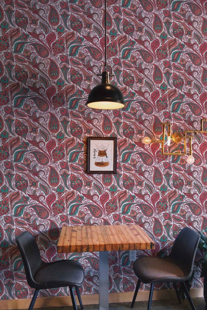 Rustic farmhouse style dining room decorated with Pink bold paisley peel and stick wallpaper