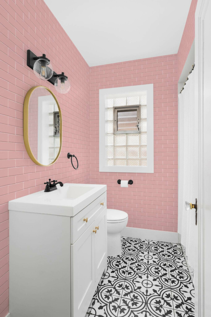 Minimal style bathroom decorated with Pink bricks peel and stick wallpaper
