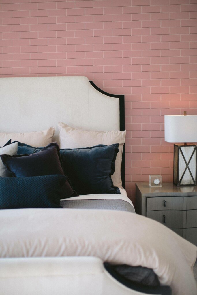 Shabby chic style bedroom decorated with Pink bricks peel and stick wallpaper